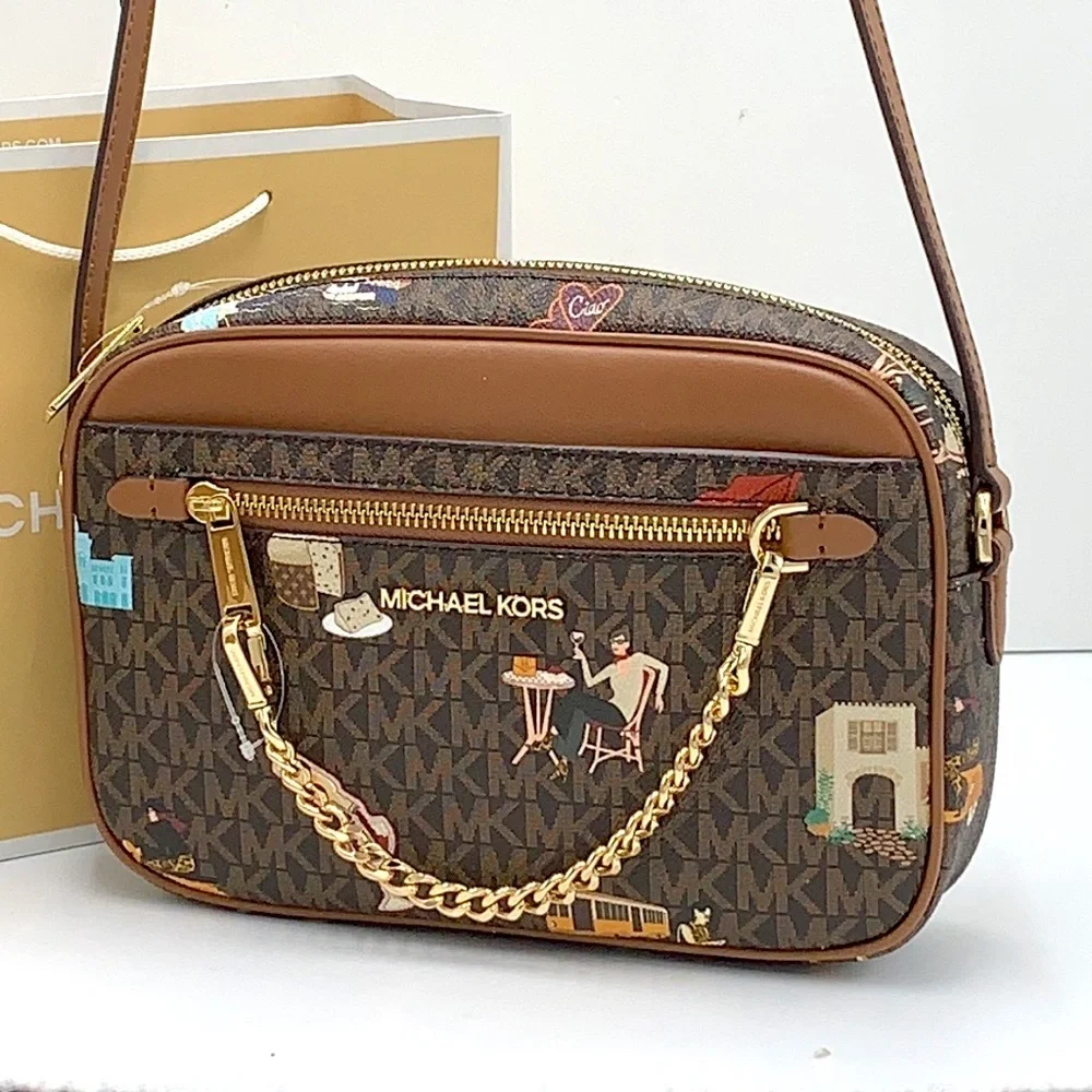 MICHAEL KORS JET SET GIRLS LARGE EAST WEST ZIP PACKED CHAIN XBODY BROWN MULTI - Picture 3 of 16